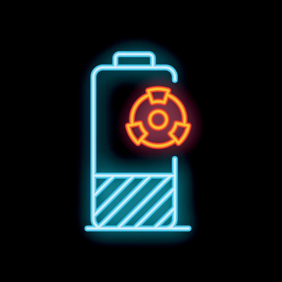 Neon glowing sign of a battery with a recycling symbol, promoting responsible battery disposal vector