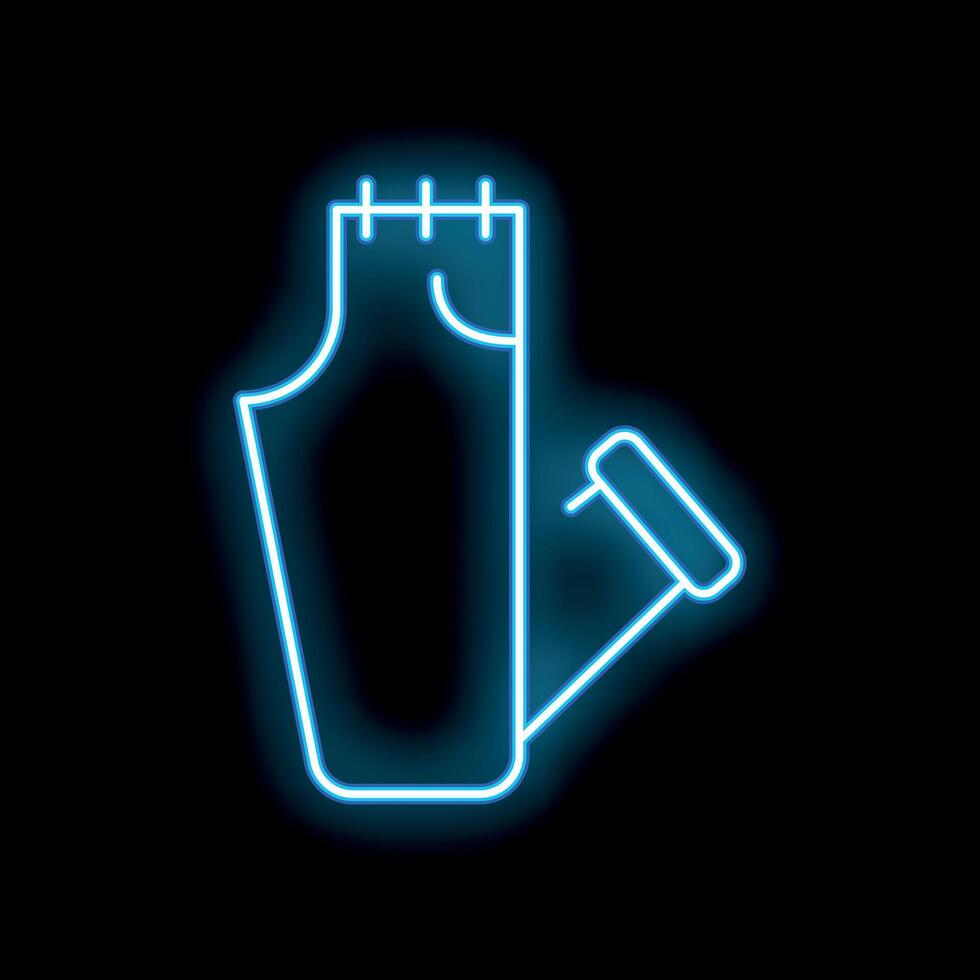 Blue neon icon of pants being altered with measuring tape on black background vector