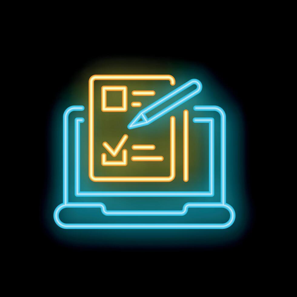 Neon icon of online survey being filled out on laptop vector