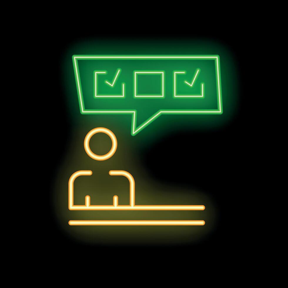 Neon icon of person completing tasks with check mark boxes in speech bubble vector