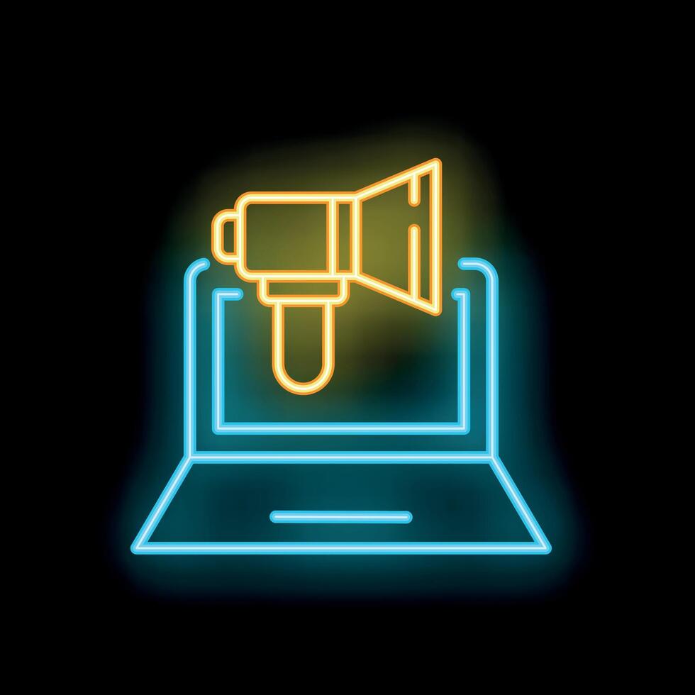 Neon laptop showing digital marketing strategy with megaphone icon vector