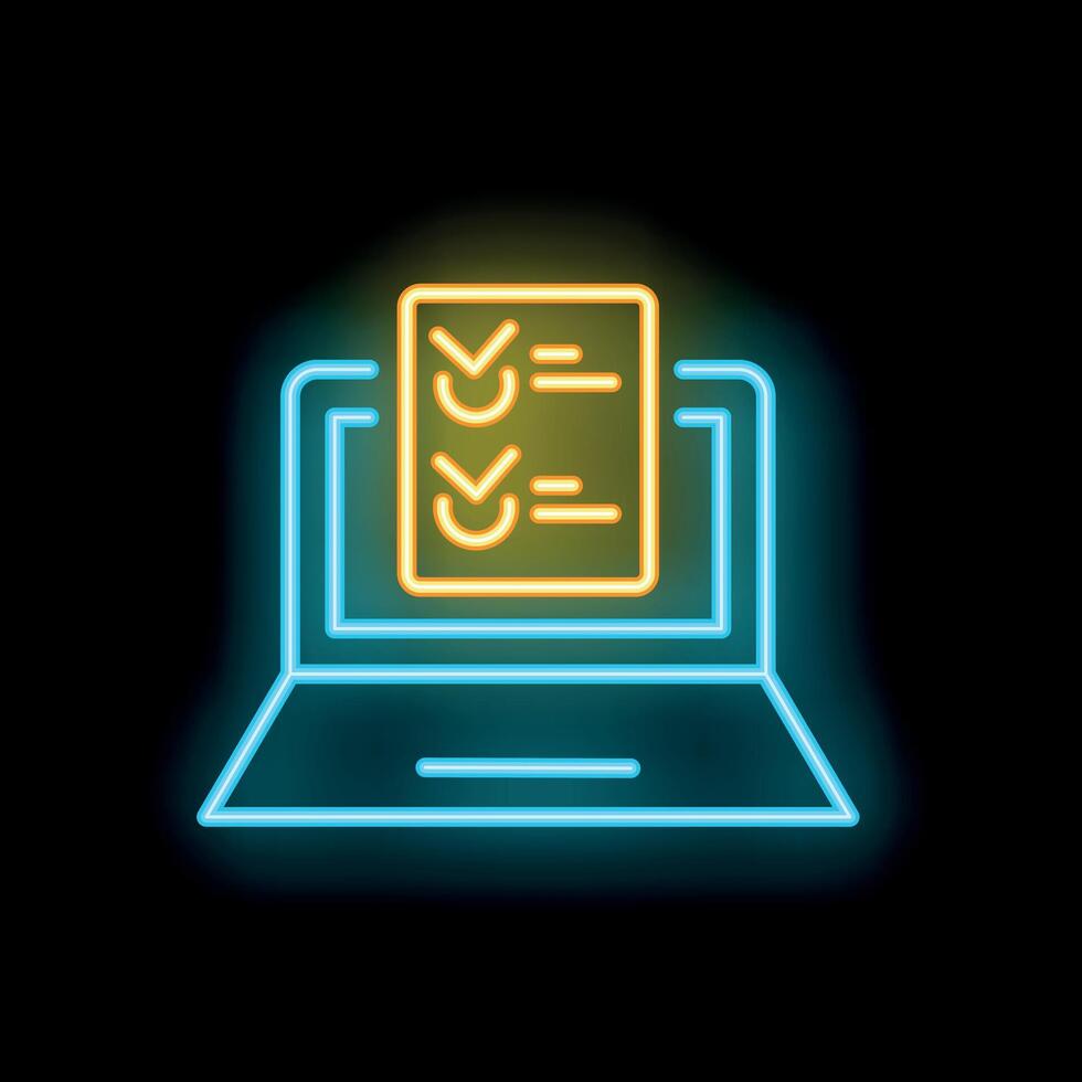 Neon laptop showing checklist for online survey, exam, or project management vector