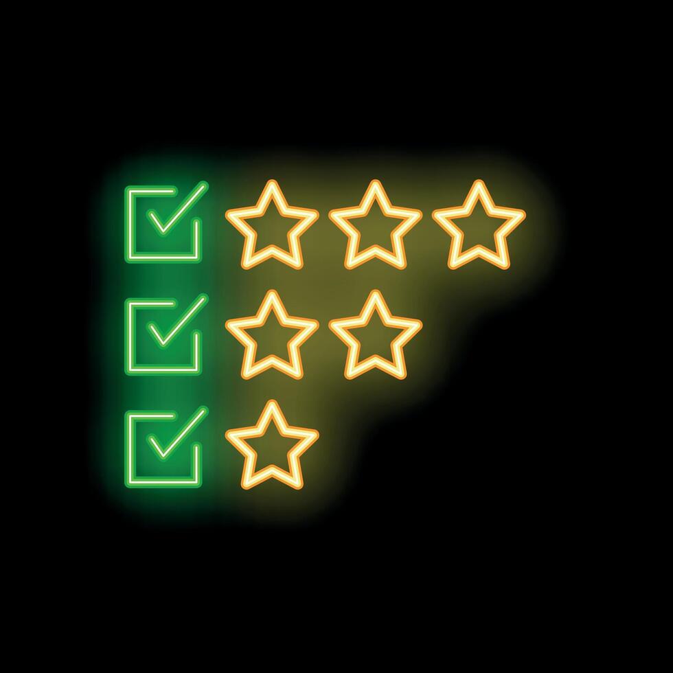 Neon sign showing customer satisfaction rating with check marks and stars vector