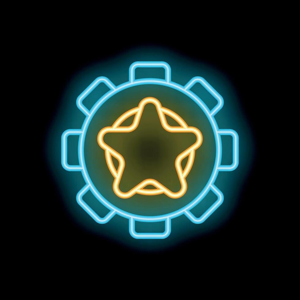 Neon sign of a gear with a star inside on a black background vector
