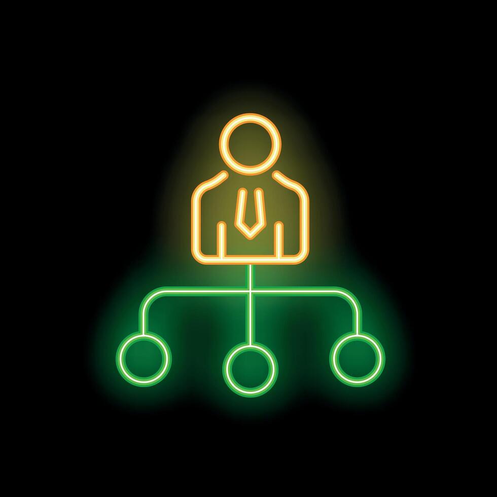 Neon businessman leading network structure icon glowing on black background vector