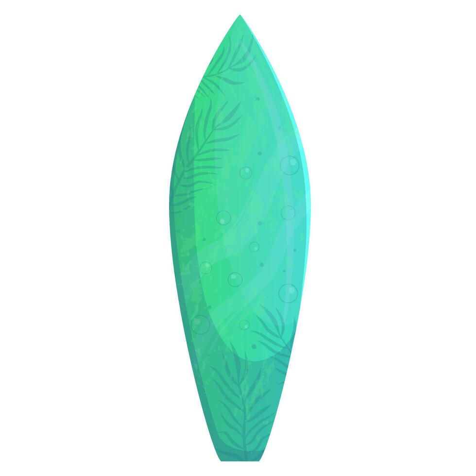 Green Shortboard surfboard decorated with tropical leaves and bubbles vector
