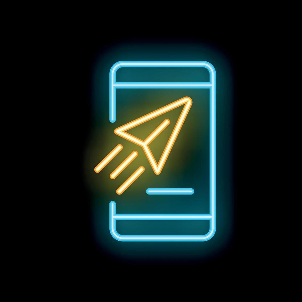 Neon sign of a smartphone sending a paper plane message vector