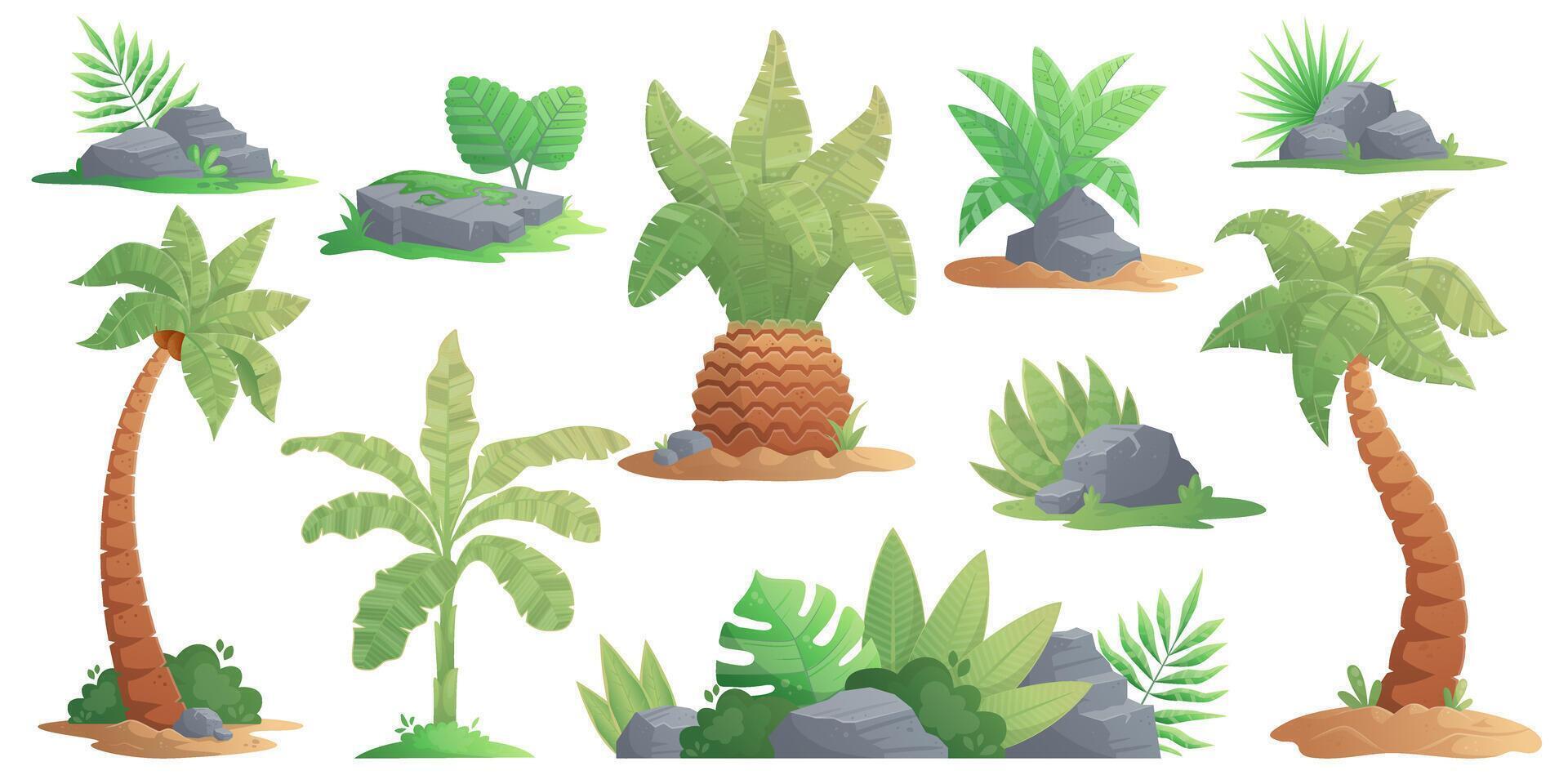 Lush and vibrant tropical scene with cartoon-style palm trees, plants, rocks, and bushes growing in sand and grass patches vector