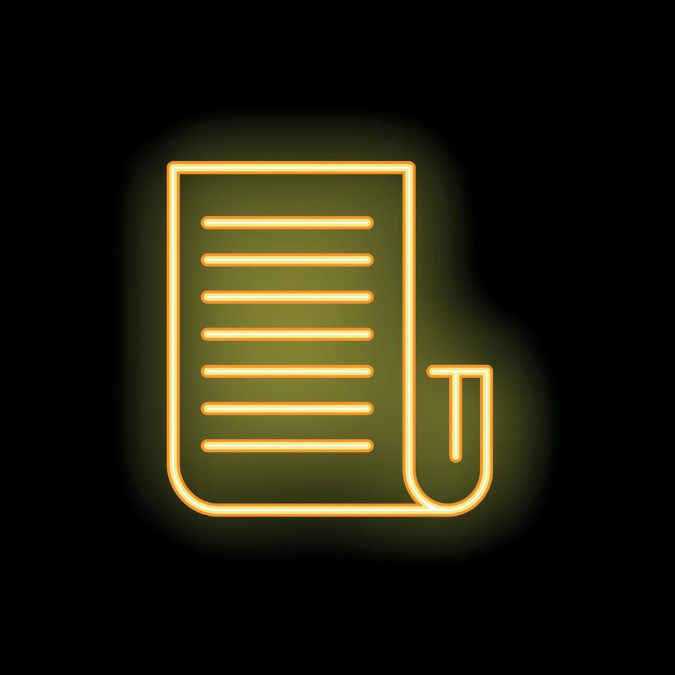 Neon yellow rolled up paper document icon glowing on black background vector