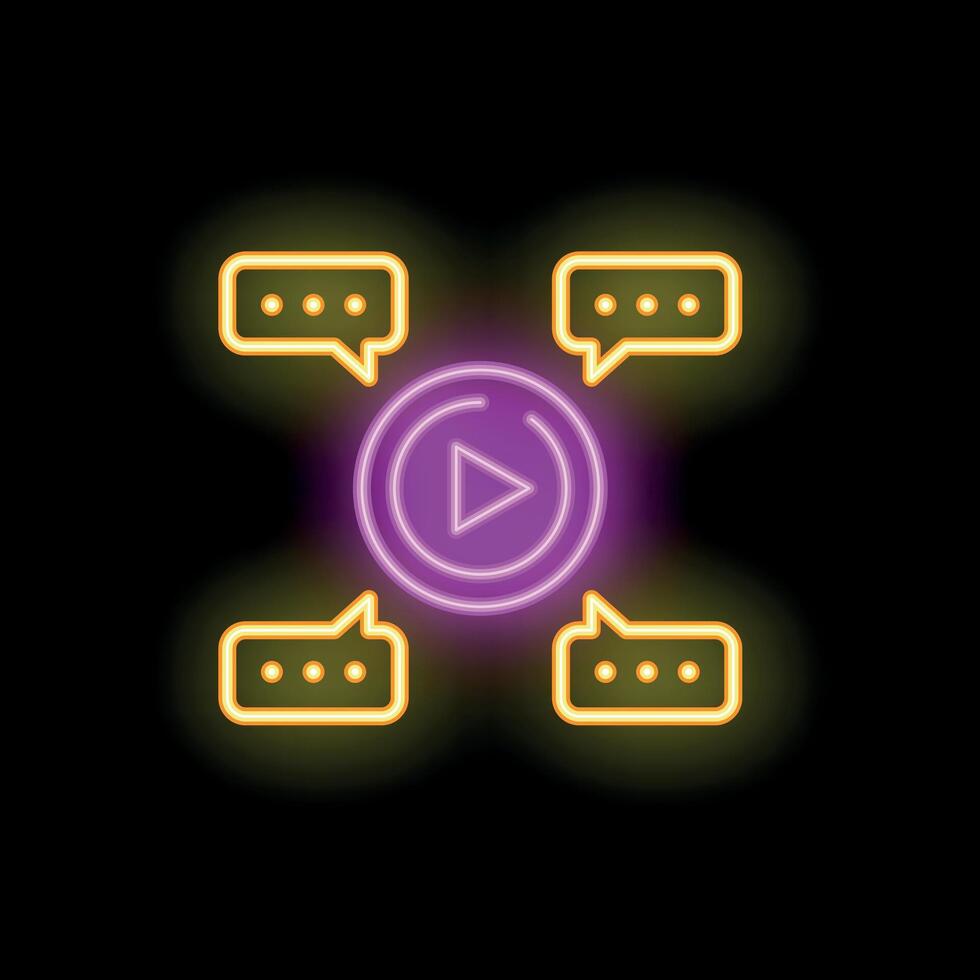 Neon icon of marketing showing play button surrounded by speech bubbles vector