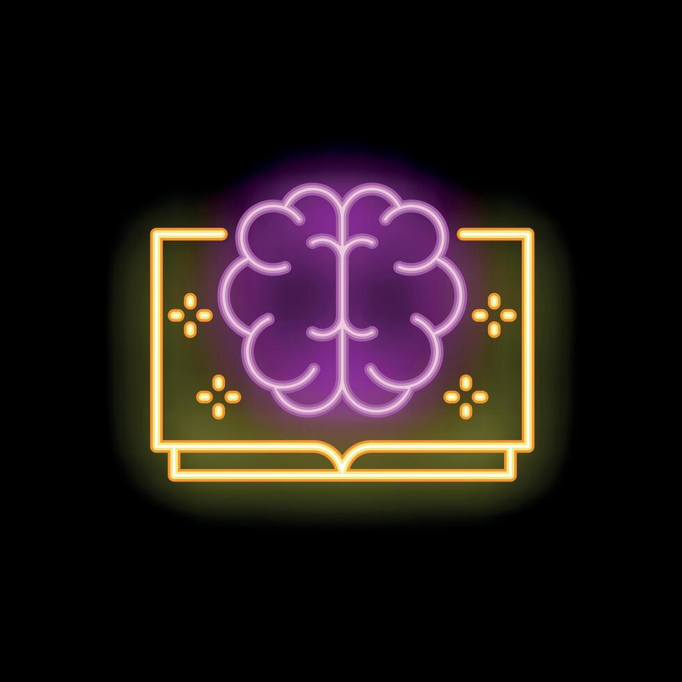 Neon sign representing brain working and learning by reading books vector