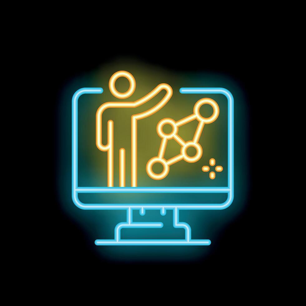 Online education neon sign with teacher explaining molecular structure vector
