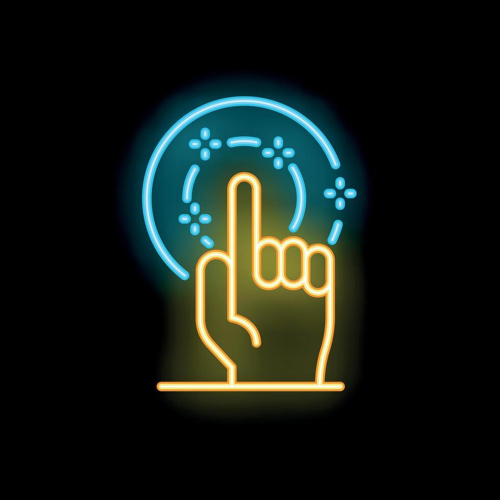 Hand touching futuristic digital interface neon icon on black background vector