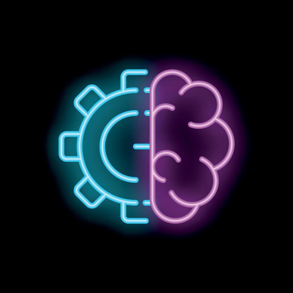 Neon icon of brain and gear symbolizing thinking process vector