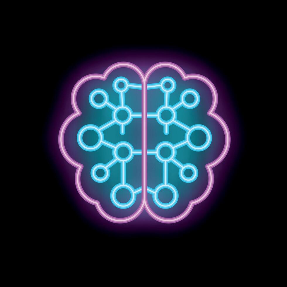 Neon brain showing interconnectivity with glowing lines and dots vector