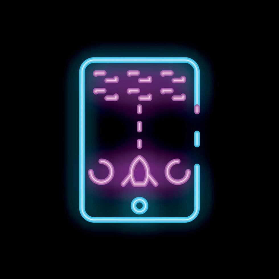 Neon sign of mobile phone showing a game being played in purple and blue vector
