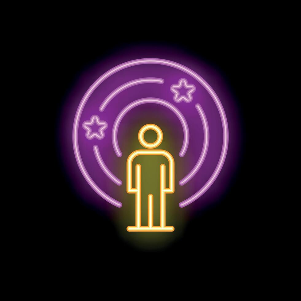 Neon sign of a man standing inside a circle with stars vector