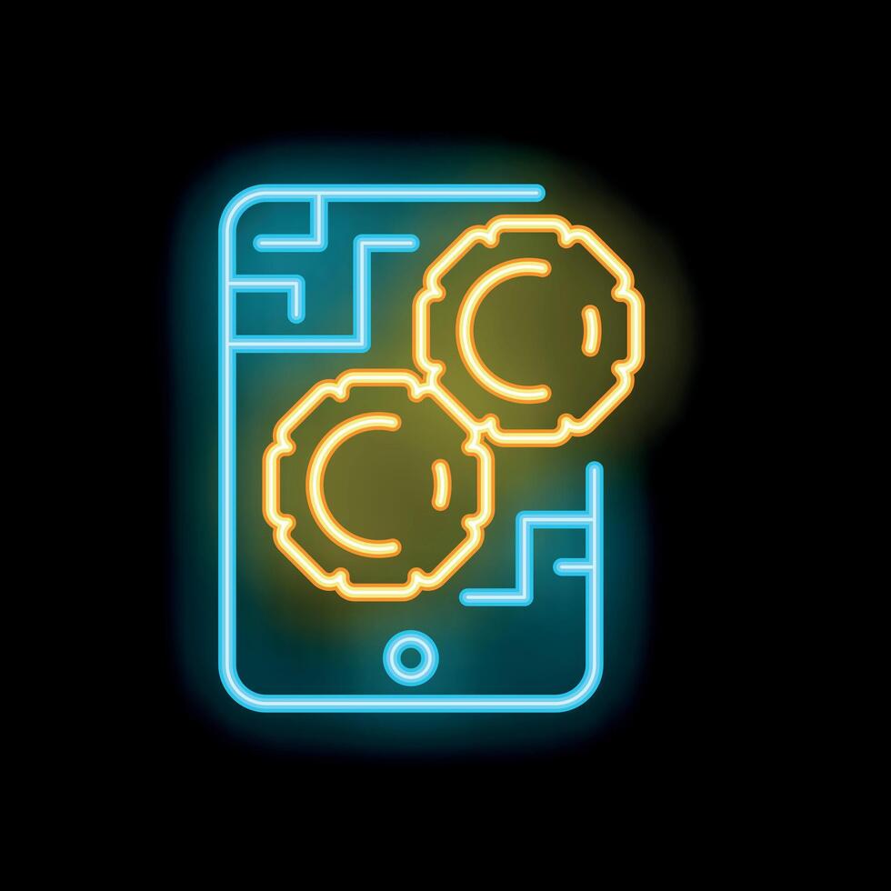 Neon icon of smartphone displaying working gears for mobile app development vector