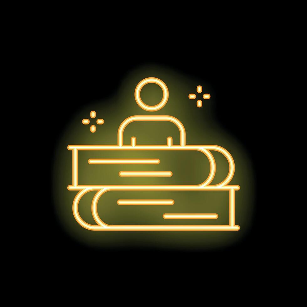 Stylized neon icon of a person standing behind a stack of books vector