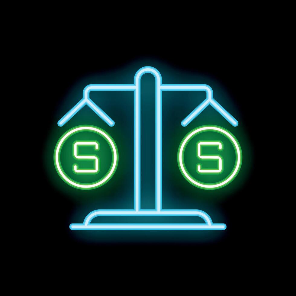 Neon equal balance scale with coins on black background weighing money symbol design vector