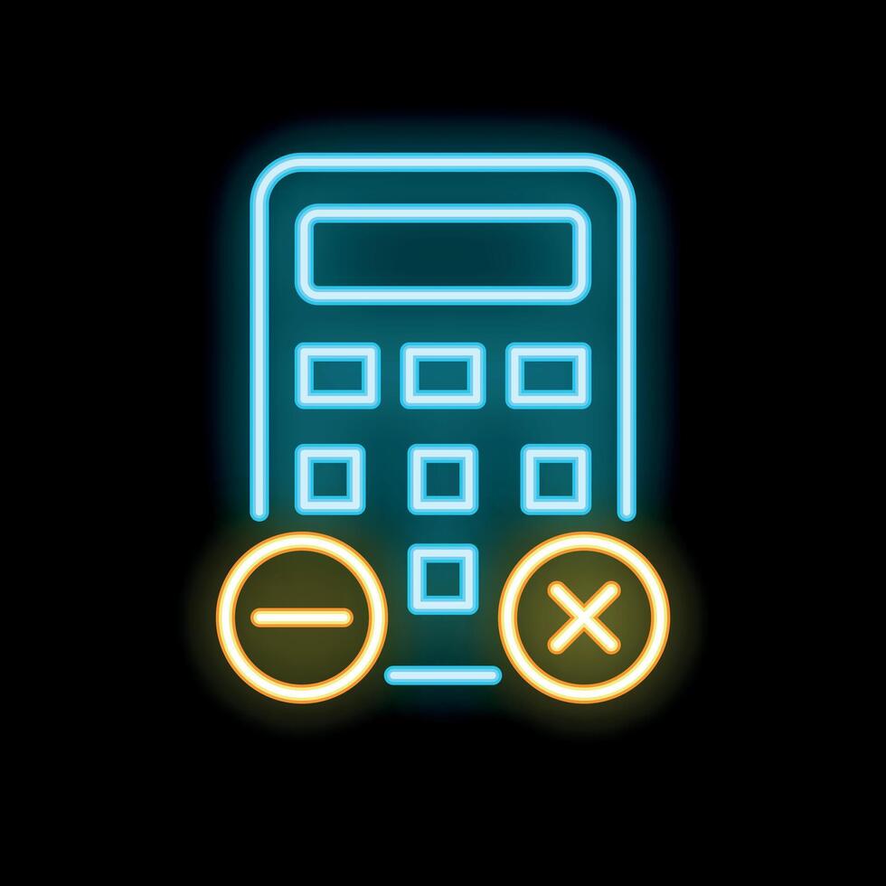 Neon calculator icon showing plus and minus symbols for addition and subtraction vector