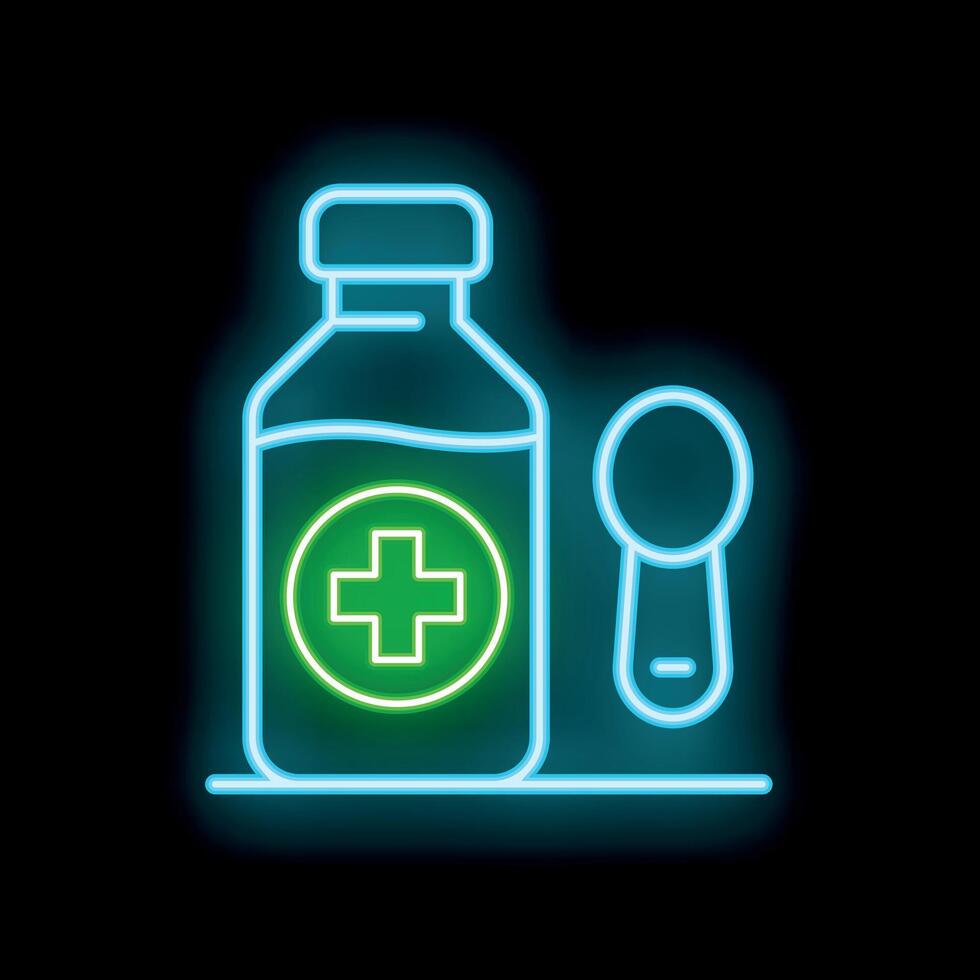 Neon icon of a medicine bottle with measuring spoon glowing blue and green on a black background vector