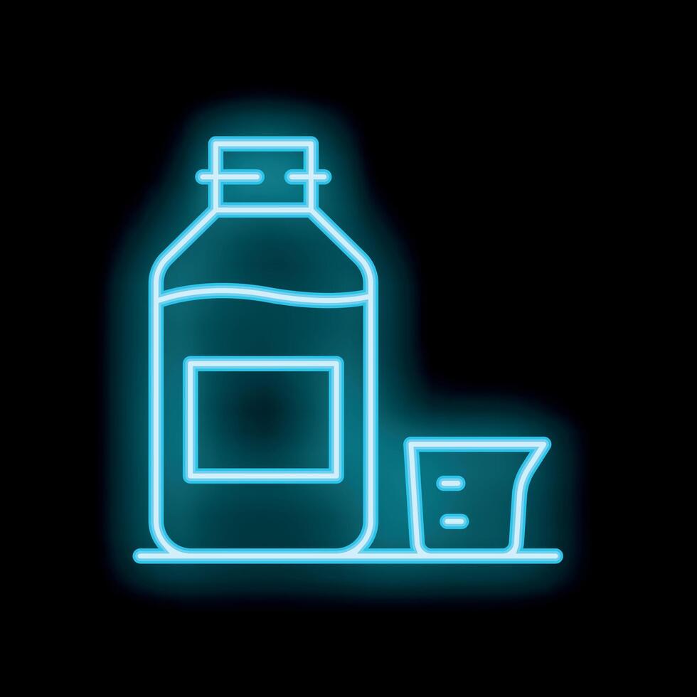 Neon bottle and measuring cup glowing on black background vector