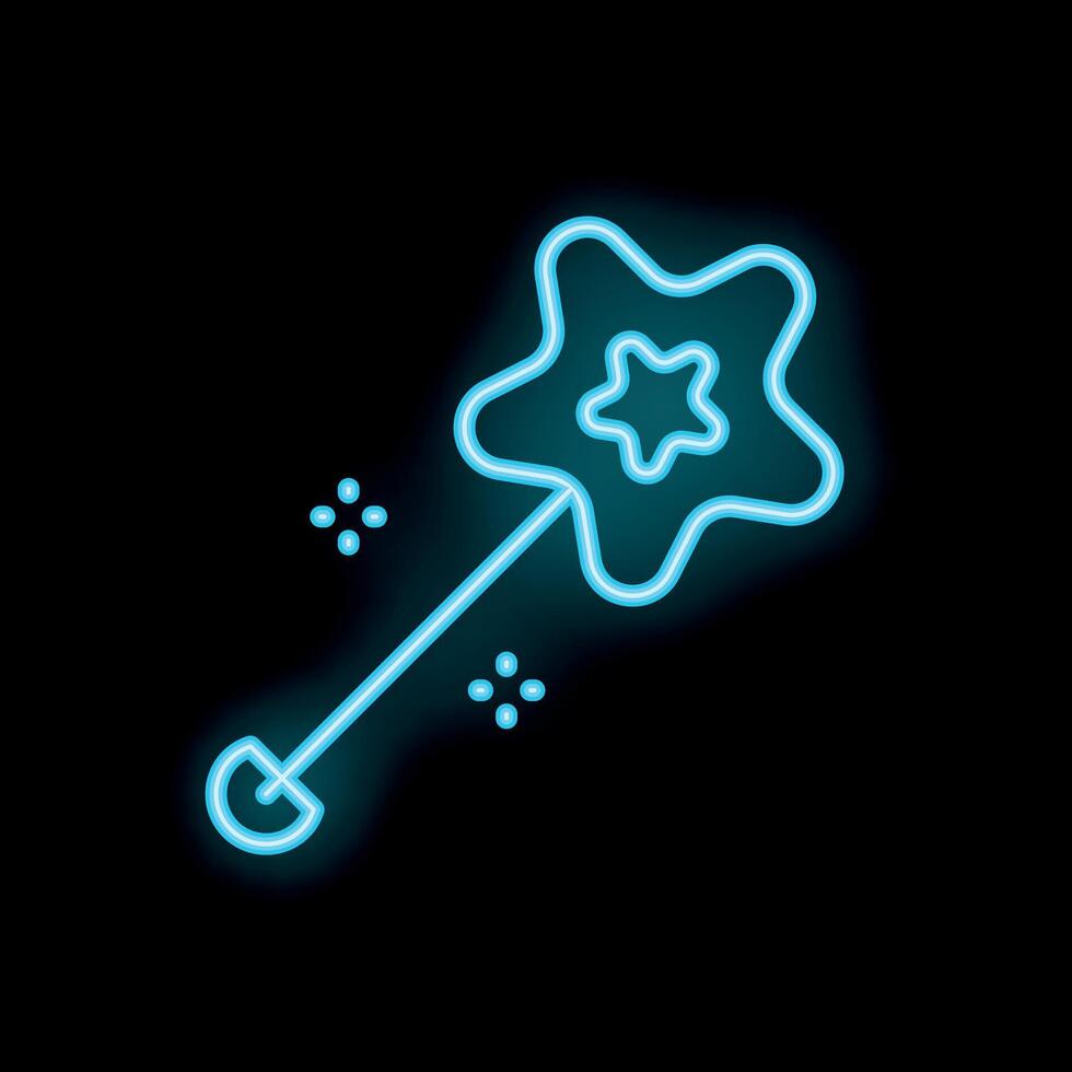 Neon magic wand spreading sparkling star dust on black background vector