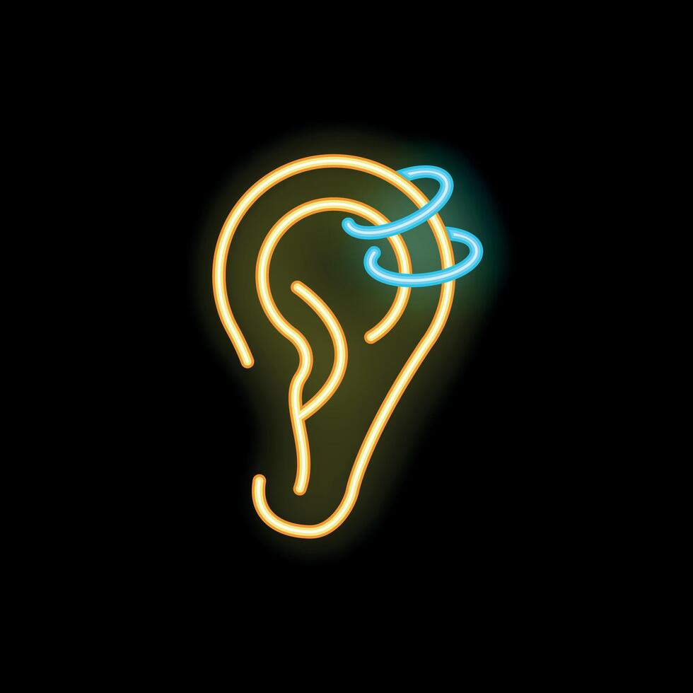 Neon sign representing an ear with piercings on black background vector