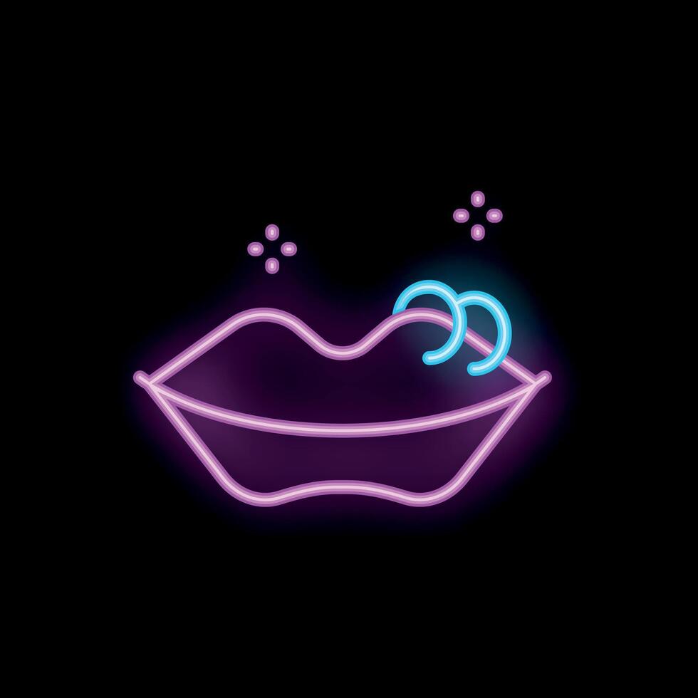 Neon sign of sensual lips with piercing on black background vector