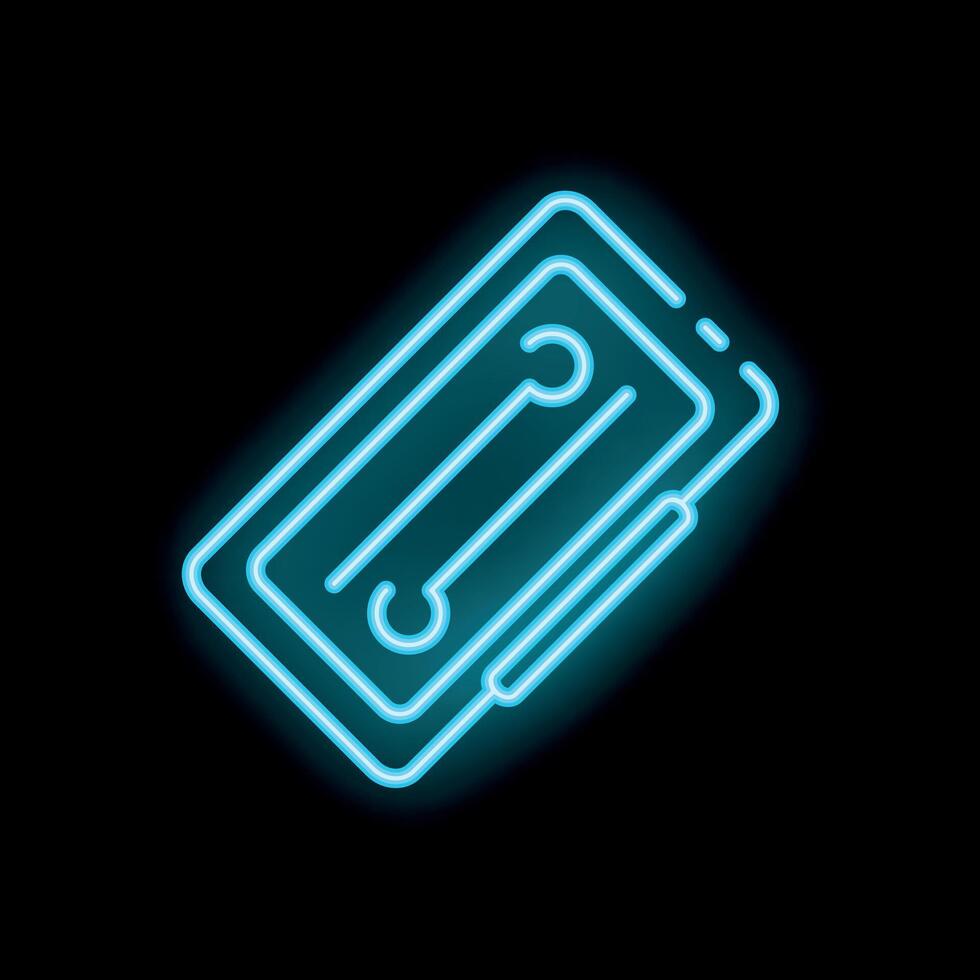 Blue neon sign cassette tape icon glowing on black background vector