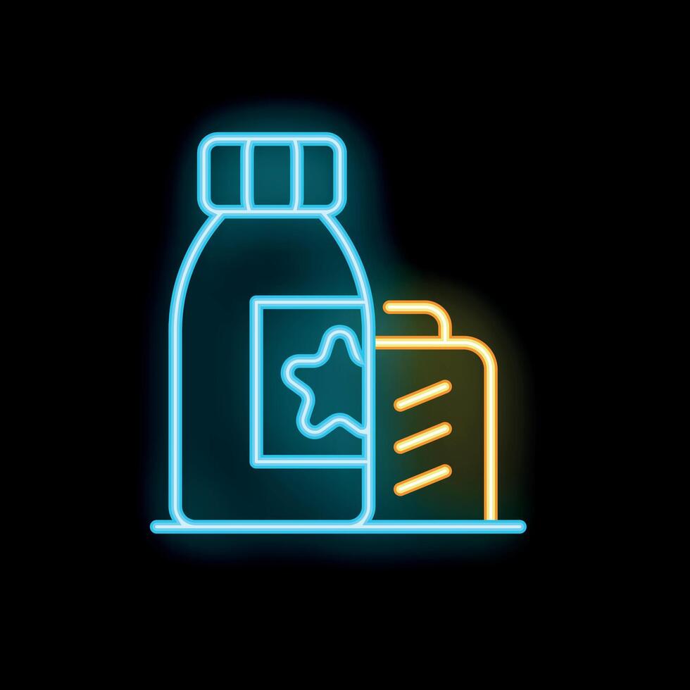 Neon icon of medication bottle and medical history representing healthcare system vector