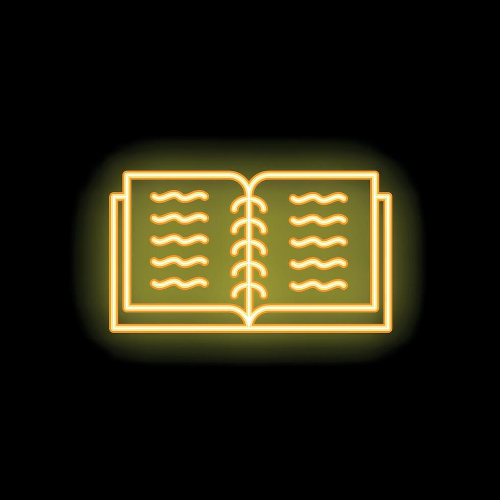 Yellow neon open book icon glowing on black background vector