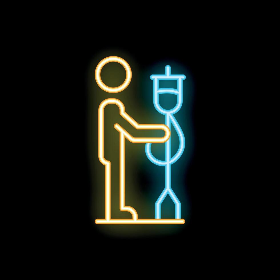 Patient standing with intravenous therapy neon sign on black background vector