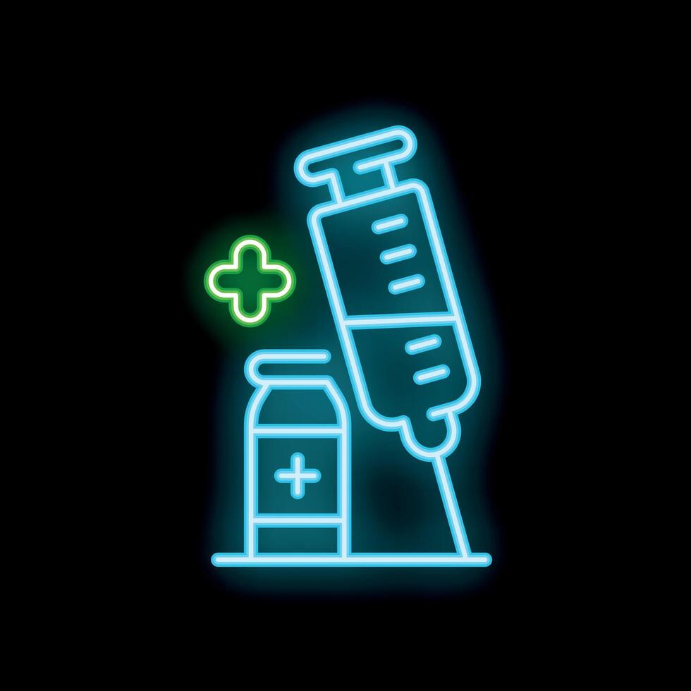 Neon syringe and vaccine vial glowing on black background vector