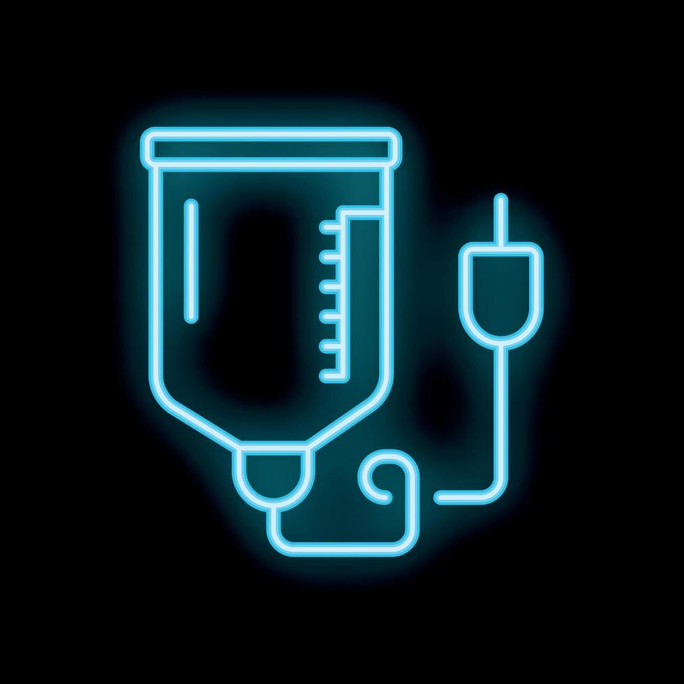 Neon medical icon of an intravenous drip bag glowing on black background vector