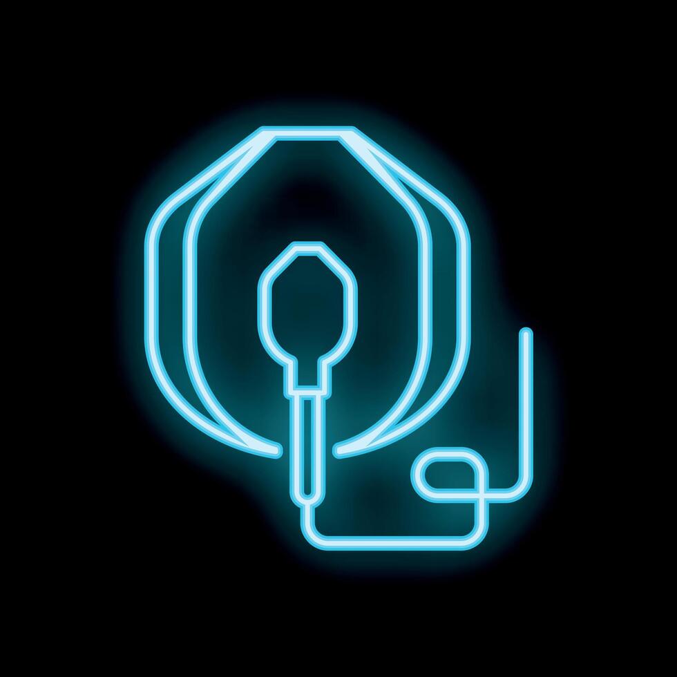 Neon icon of a extension cord reel glowing blue on black background vector