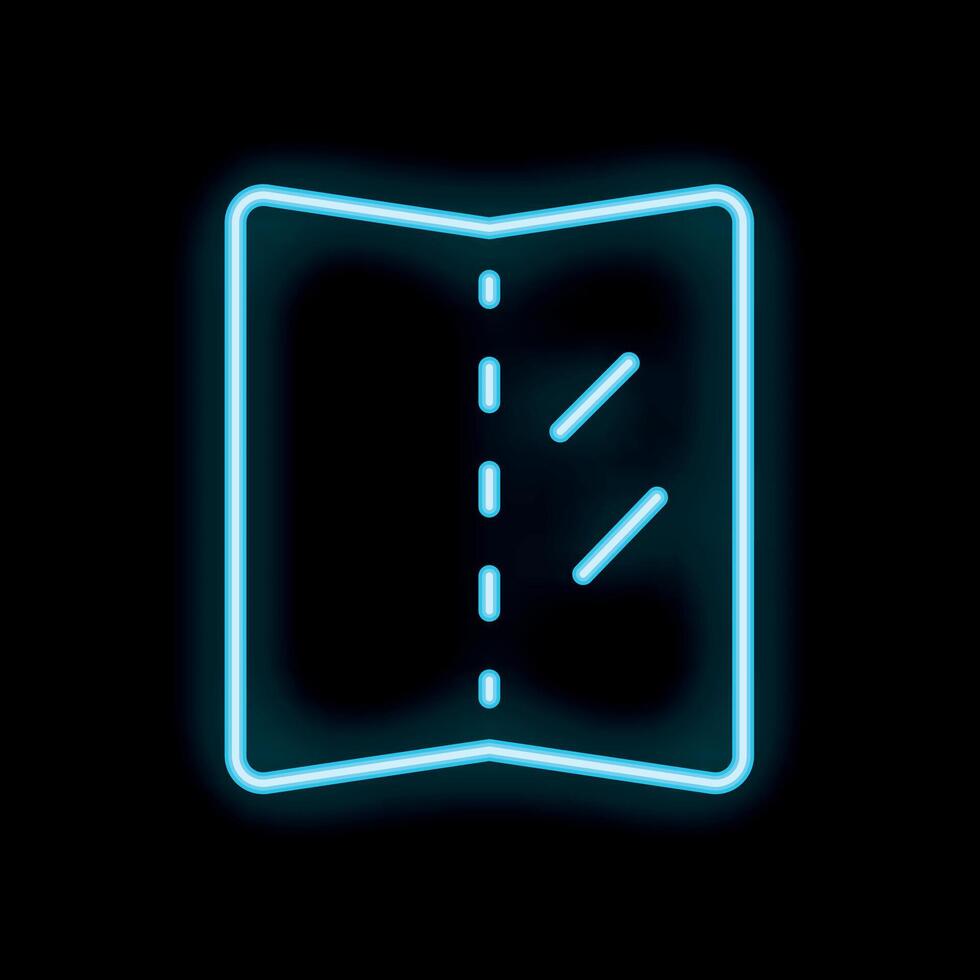 Neon blue folded paper icon glowing on black background vector