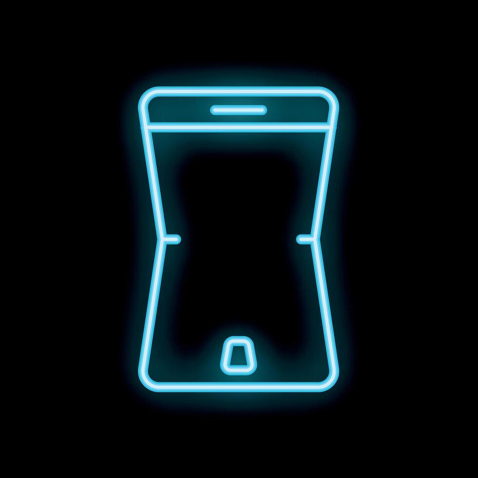 Bright blue neon smartphone glowing on black background vector