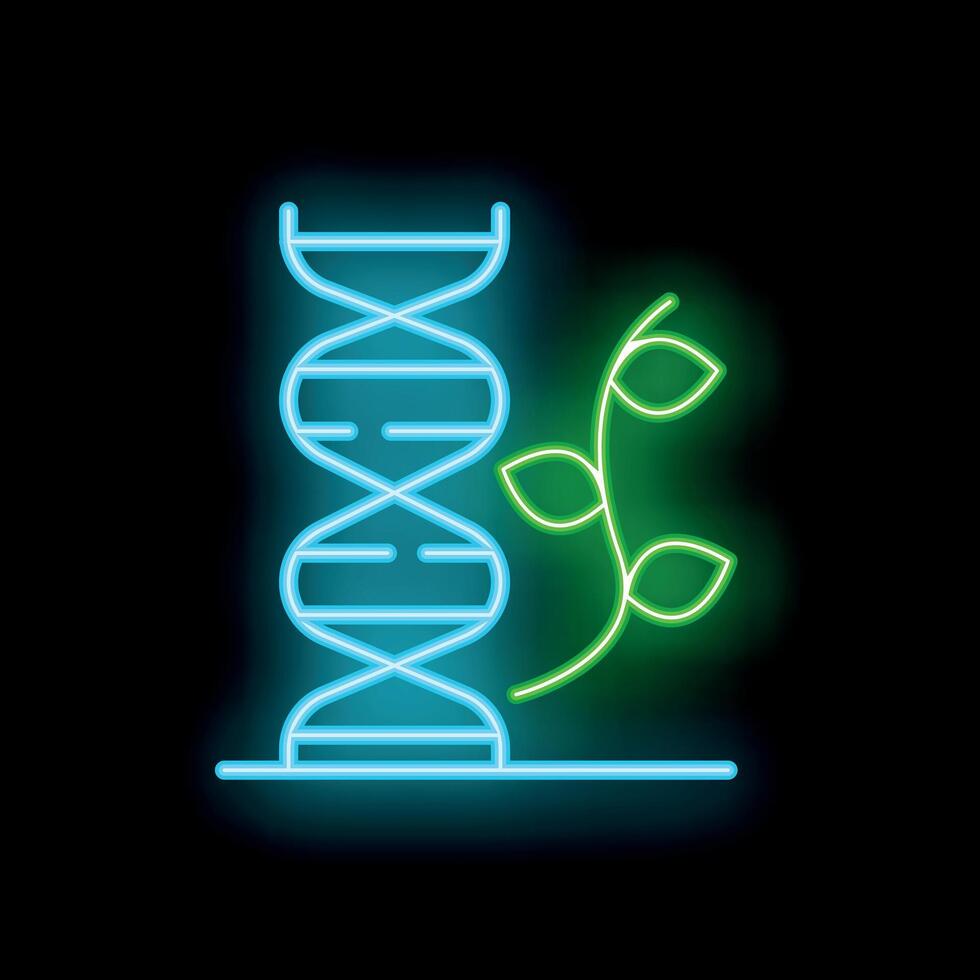 Neon icon of dna structure and plant representing genetically modified organism vector