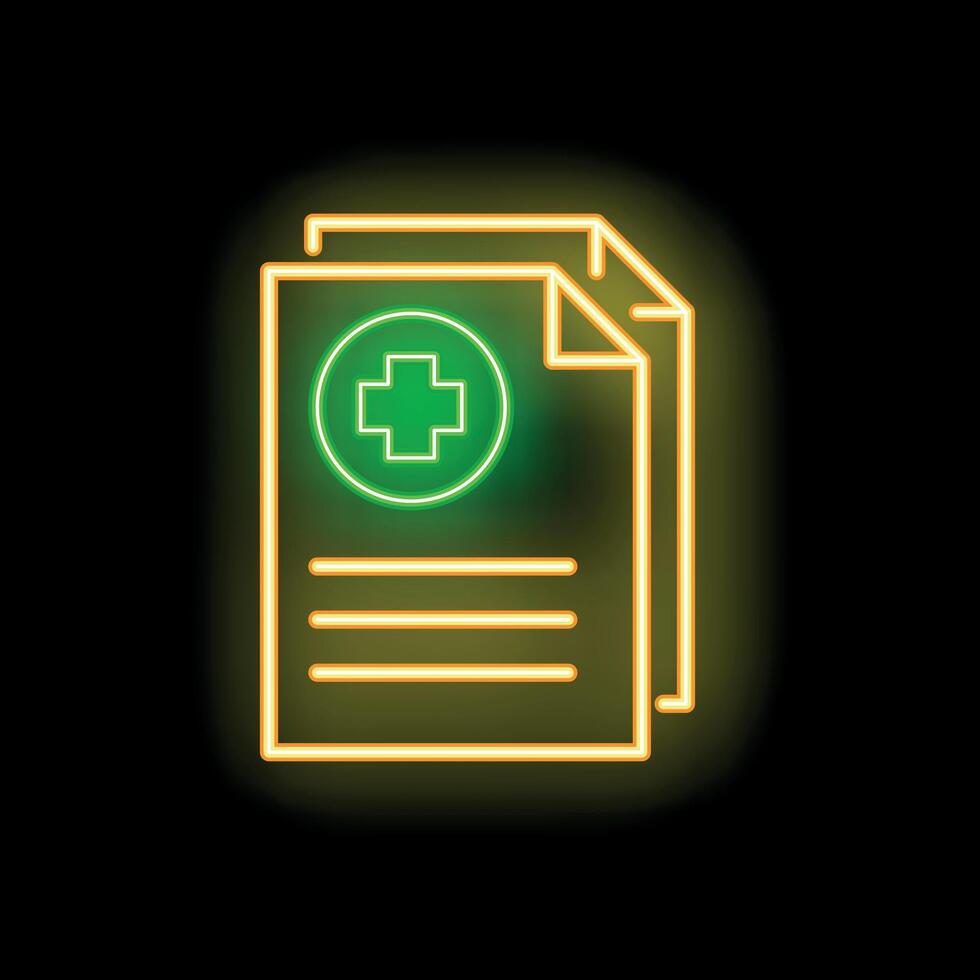 Neon glowing icon of medical history with cross on black brick wall background vector