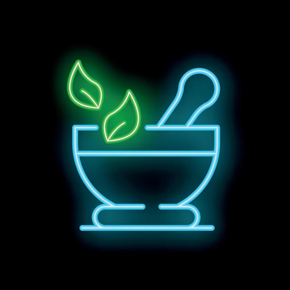 Neon sign of mortar and pestle with leaves representing natural medicine vector