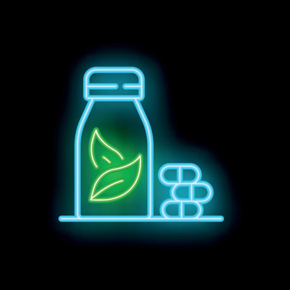 Neon glowing icon of a bottle of cbd oil and pills on a black background vector