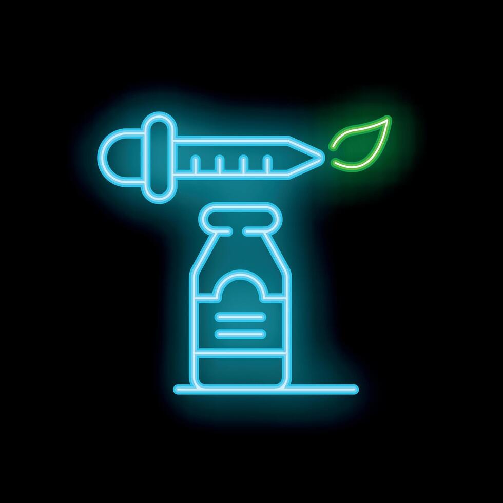 Neon icon of dropper pouring oil into a bottle with a green leaf representing cbd oil vector