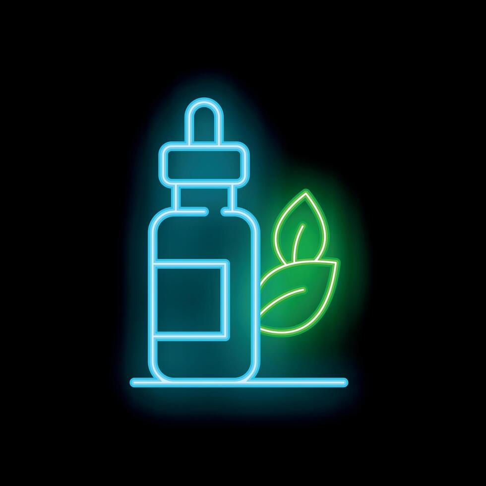 Neon sign of dropper bottle with cannabis oil and marijuana leaf glowing on a brick wall vector