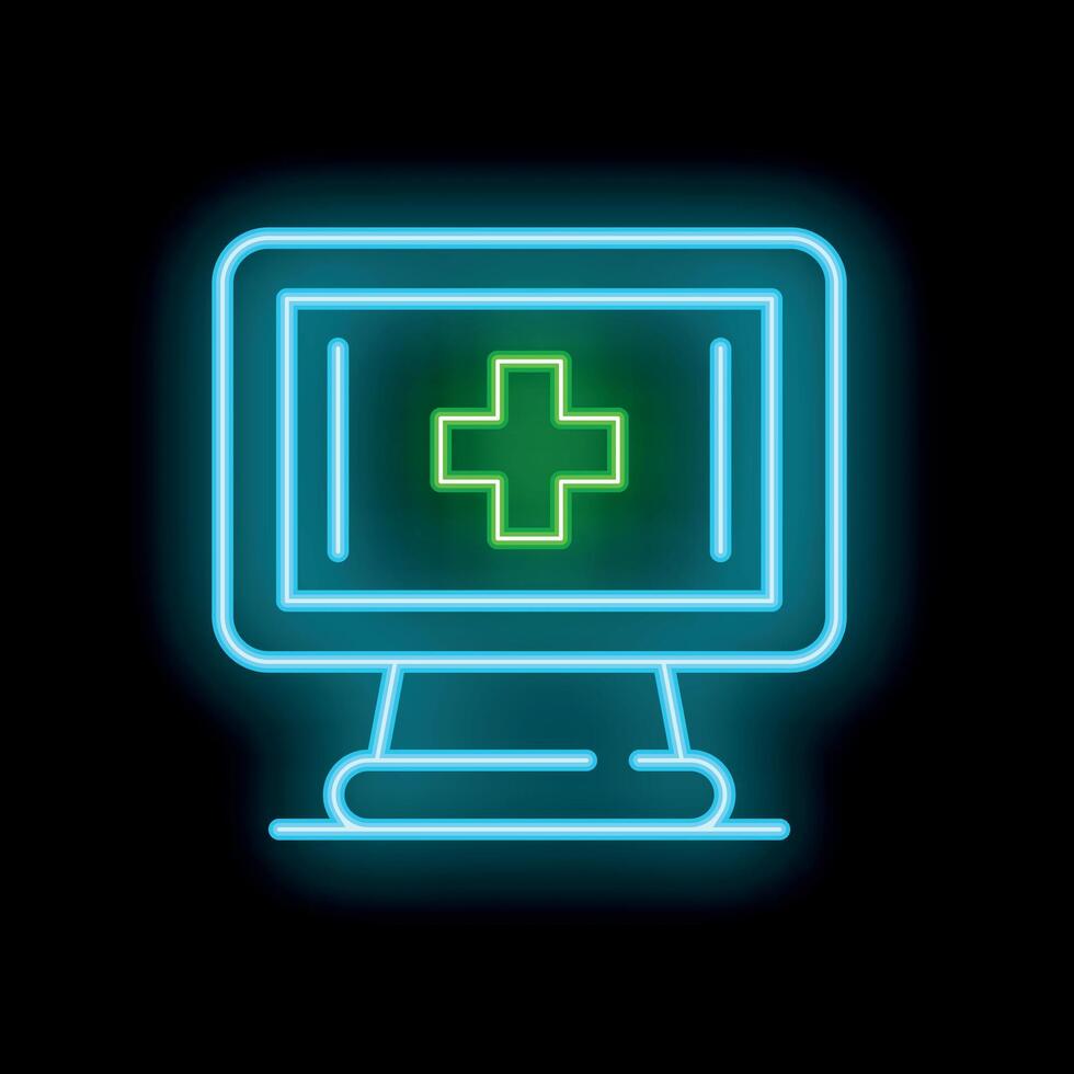 Neon icon of computer monitor displaying green medical cross symbol vector