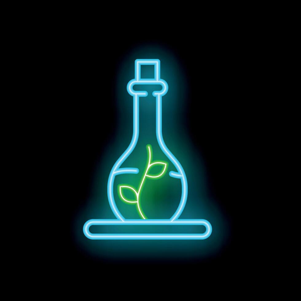 Glowing neon line bottle with sprout on stand icon isolated on black background. illustration vector