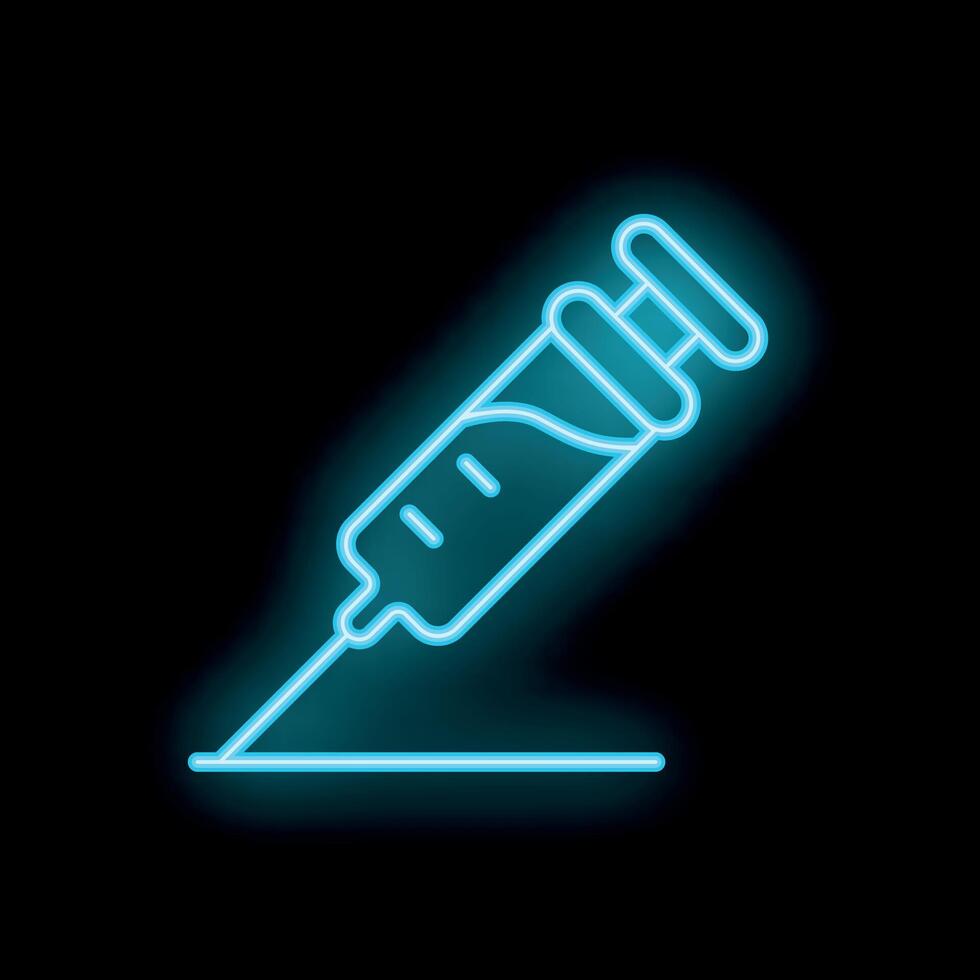 Blue neon syringe injecting substance icon on black background vector