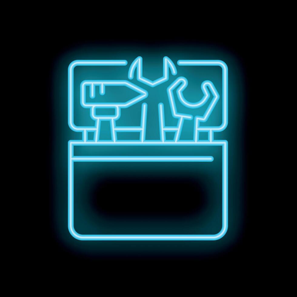 Glowing neon line icon for toolbox with tools on black background representing construction and repair vector