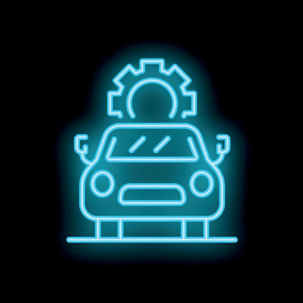 Neon sign of electric car being charged with cogwheel symbolising smart charging technology vector